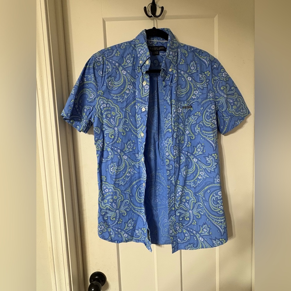 Polo Short-Sleeve Blue Paisley Button-Up Shirt